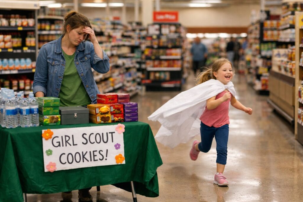 Girl running around with tablecloth as a cape